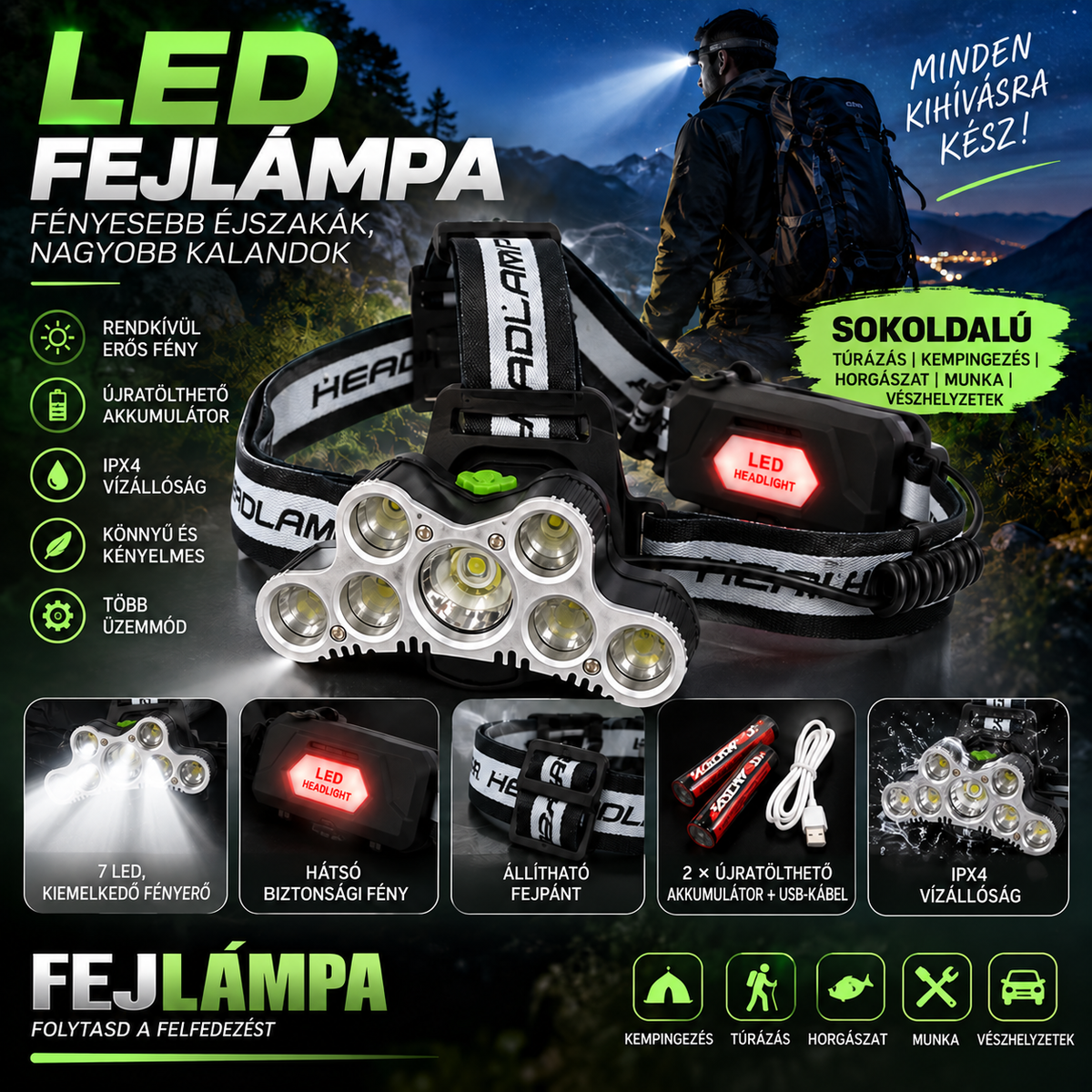 ERŐS LED FEJLÁMPA
