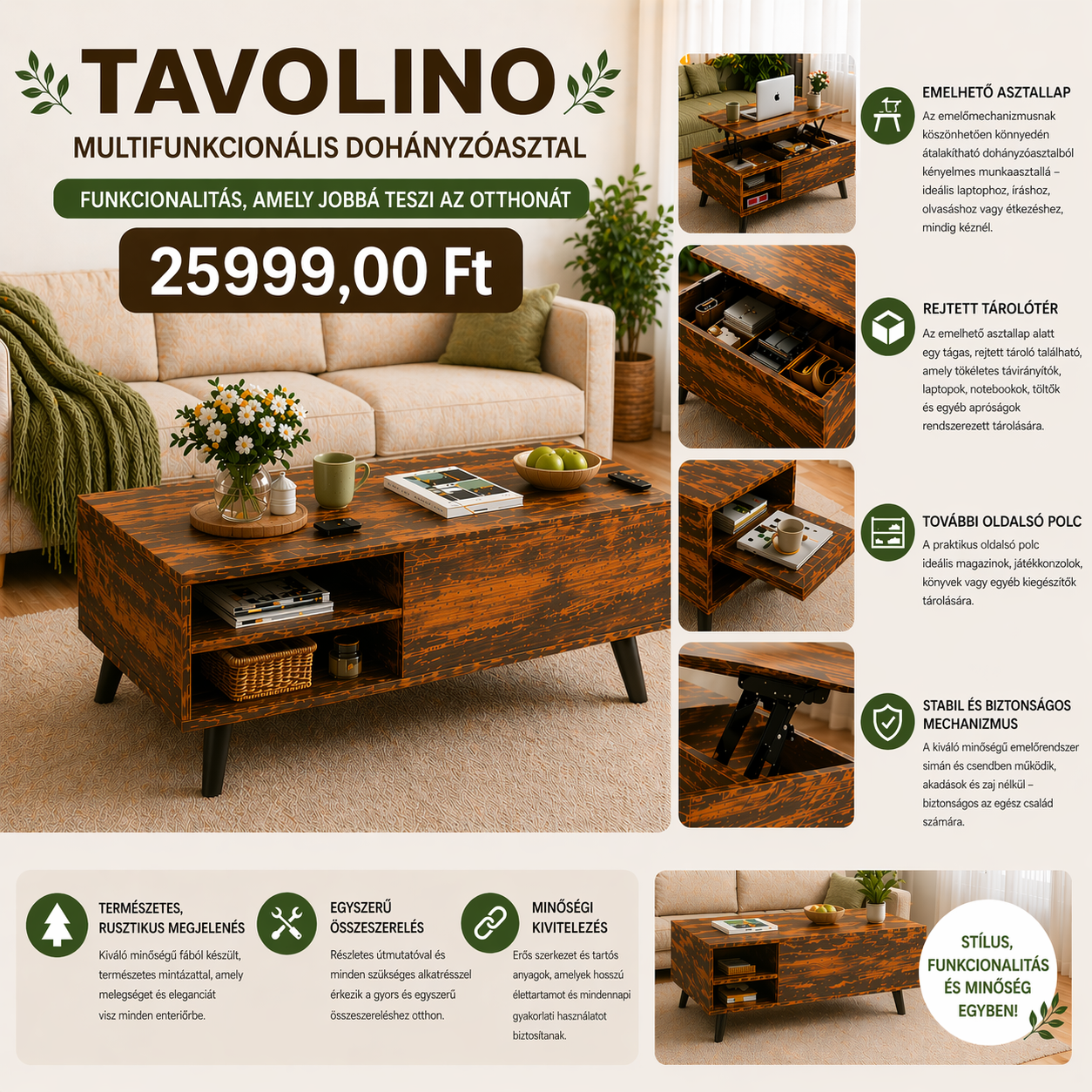 MULTIFUNKCIÓS FA DOHÁNYZÓASZTAL NAPPALIBA – TAVOLINO